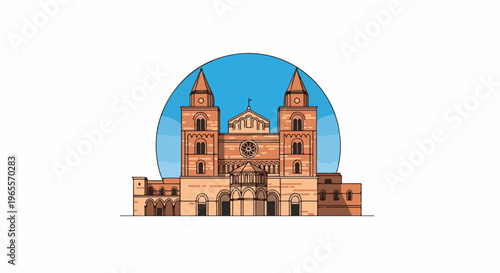 Stylized depiction of a historic religious building with twin towers against a blue sky