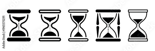 Hourglass icon set featuring sand clocks with varying frames and sand levels, multiple hourglass shapes illustrating time passage, vector illustration