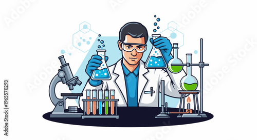 Scientist conducts experiment with glassware and microscope