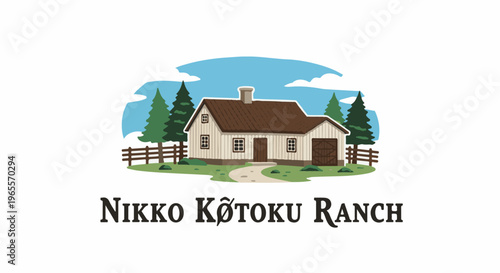 Rustic ranch house with trees and fence under blue sky