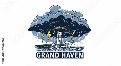 Stormy seas and lightning surround a tall lighthouse guiding ships at sea