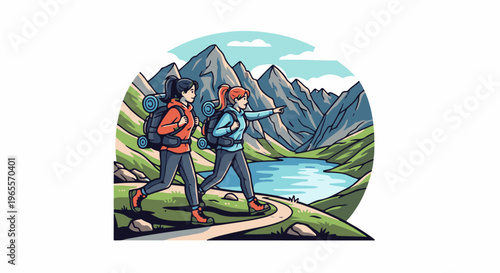 Two women hike in a mountainous landscape with a lake