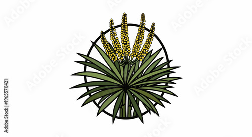 Stylized depiction of a succulent plant with yellow flower spikes in a black circle