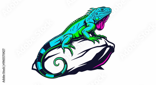 Vibrant iguana perched on a rock, illustrated with bold neon colors
