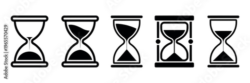 Hourglass icon set featuring sand clocks with varying frames and sand levels, multiple hourglass shapes illustrating time passage, vector illustration