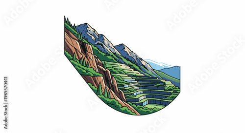 Stylized depiction of cascading agricultural terraces on a steep mountainside