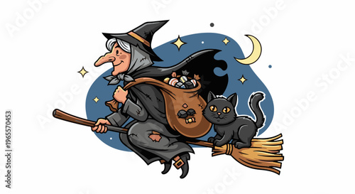 A cartoon witch rides a broomstick with her black cat, bag of candy
