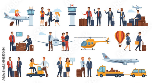 Airport Travel Scene: People, Airplanes, Vehicles, and Control Tower