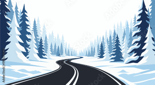 Winding road through a snow-covered forest with stylized fir trees