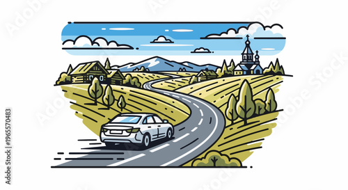 White car drives on winding road through rural landscape with village and mountains