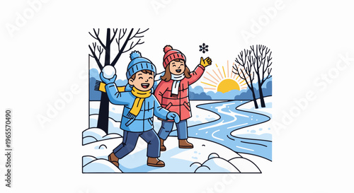 Two children having fun playing snowball fight in a snowy winter landscape