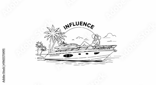 Woman sunbathing on a yacht with palm trees and distant islands