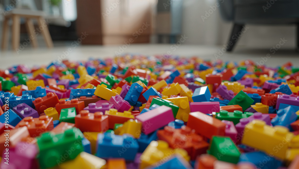Obraz premium リビングの床に広がるビビッドなレゴブロック散乱の硬質なカオス