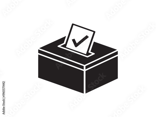 A black and white illustration of a ballot box with a checked ballot paper