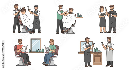 Barbershop Scenes: Haircuts, Shaving, Waiting, and Tools