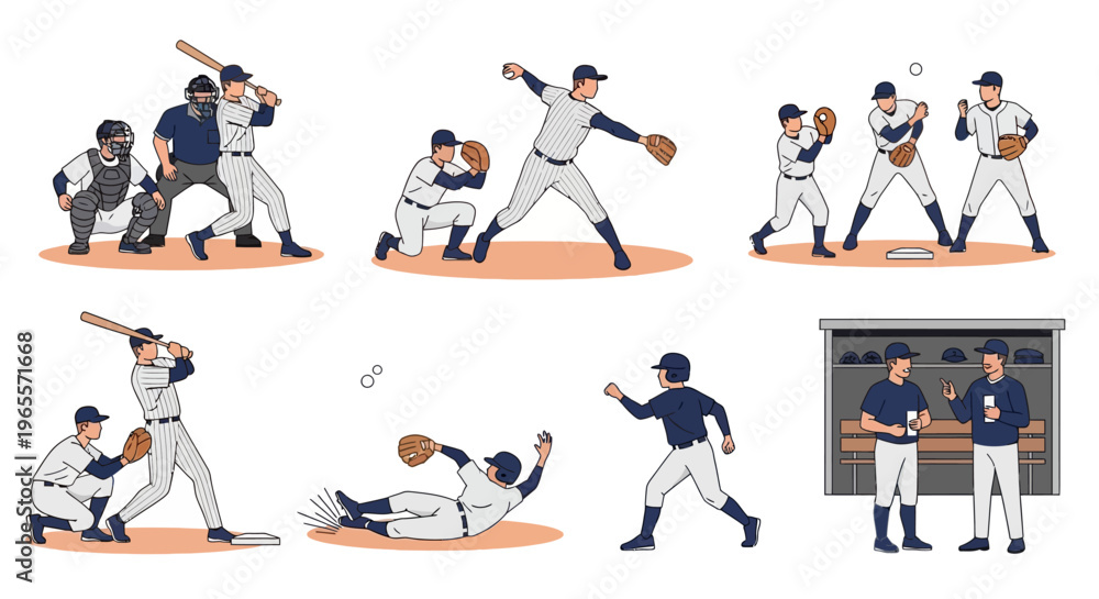 Fototapeta premium Baseball Game Action: Pitcher, Catcher, Batter, Sliding Runner, Dugout Scene