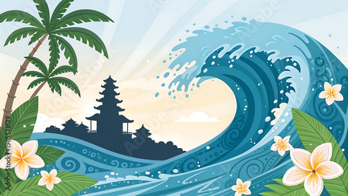 Bali Temple Pura Ulun Danu Beratan and Great Ocean Wave on Sunset Beach Vector Illustration