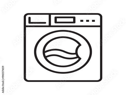 A simple line drawing of a washing machine with a circular door and control panel