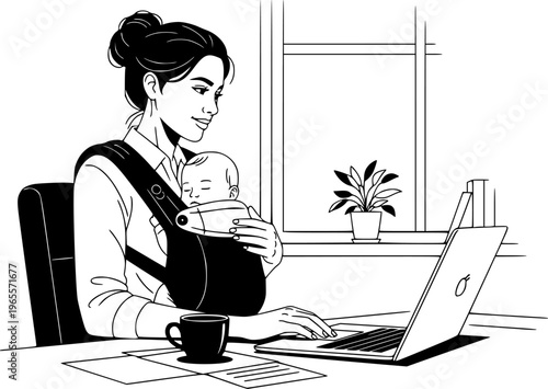 Working mother multitasking with laptop and baby carrier home office concept vector illustration black and white
