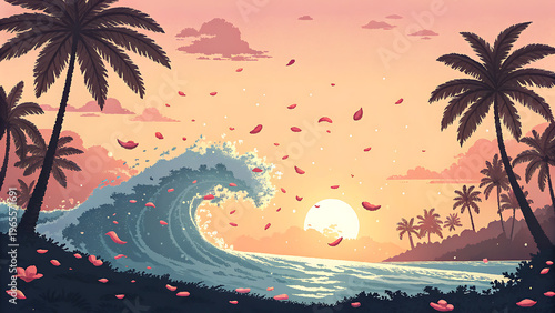 Tropical Island Sunset Landscape with Ocean Wave and Palm Trees Silhouette Vector Illustration