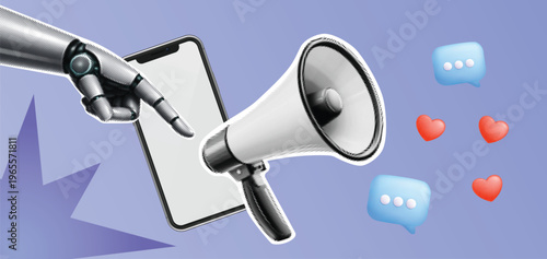 Robot hand using smartphone with megaphone, chat bubbles and hearts, symbolizing AI-driven social media marketing.Halftone collage, vector illustration.