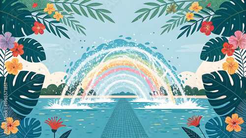 Modern Water Fountain with Rainbow Lights on a Stunning Tropical Beach