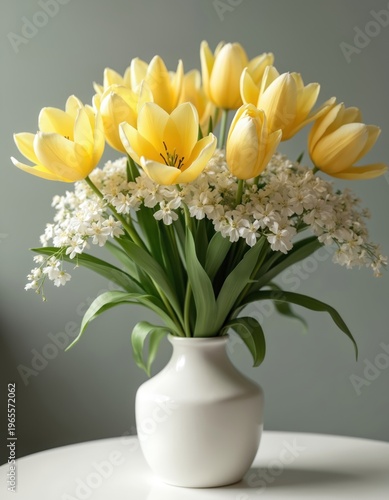 Elegant yellow tulips with delicate white blossoms arranged in a clean white vase. Fresh spring flowers create a soft, minimalist aesthetic for home decor or interior design.