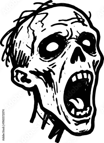 Screaming zombie head illustration with hollow eyes and decayed skin in black and white sketch