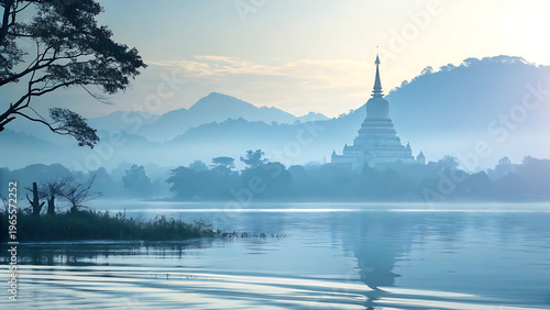 Majestic Lakeside Pagoda Temple at Dawn: Spiritual Mountain Reflection