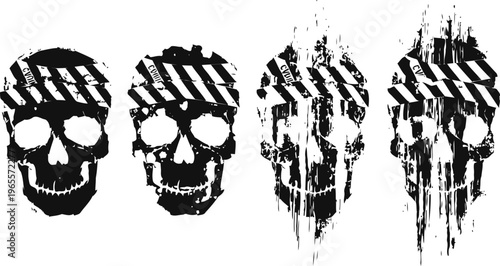 Grunge skulls with diagonal stripes abstract design set distressed horror tattoo gothic elements collection