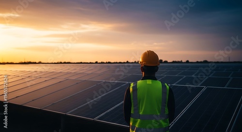 A lone worker in a high-visibility vest and yellow hard hat stands facing a vast field of solar panels under a dramatic sunset sky with warm orange and yellow hues illuminating the clouds and