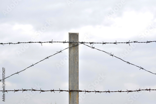 Obraz na plátně The old concrete pole with barbed wire fence in rice field, barbed wire fence in the garden, Close up of concrete barbed wire fence post with nature background