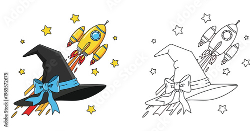 Fantasy Witch Hat and Space Rocket Illustration with Stars, Color and Line Art Versions for Kids Coloring Page and Science Fiction Theme