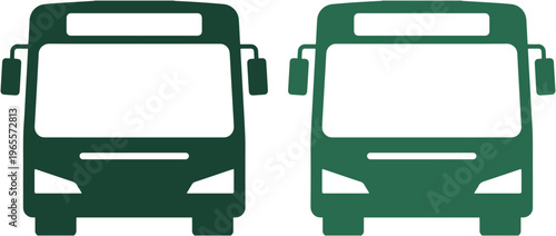 Modern public transport bus icon set, two dark green vector silhouettes of city buses, front view, for travel and urban mobility designs