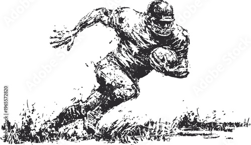 American football player running with ball during intense game action, helmet and protective gear