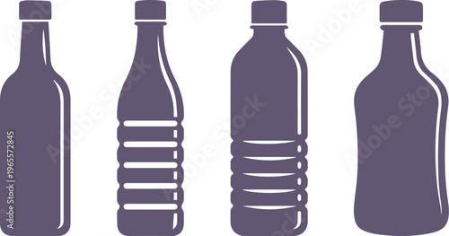 Minimalist plastic bottle icons set, purple beverage container silhouettes, collection of 4 water and soda bottle vector illustrations