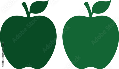 Green apple vector silhouettes, set of two minimalist fruit icons, dark green apple shapes with leaves for healthy food branding and organic grocery logos