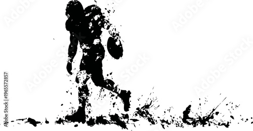 grunge football player running with ball sport action silhouette, dynamic movement in game