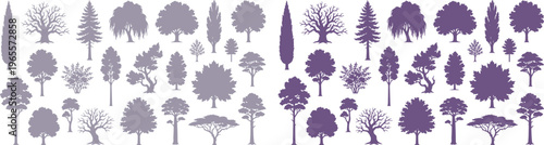 Purple tree silhouettes collection, set of 40 flat vector tree icons, diverse forest and garden plant shapes for landscape design and architecture