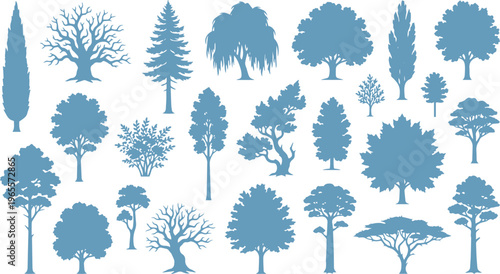 Blue tree silhouettes collection, set of 22 botanical vector elements, assorted forest and garden tree shapes for landscape design and architectural mapping
