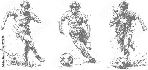 three dynamic soccer players kicking ball, sport movement and teamwork concept, competitive football action