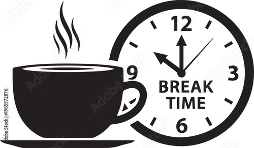 Break time illustration with coffee cup and clock