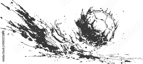 Abstract black ink splash forming a soccer ball in motion dynamic sports artistic design