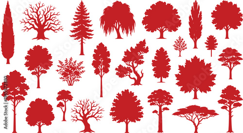 Red tree silhouettes collection, set of 22 botanical vector elements, assorted forest and garden tree shapes, flat nature icons for landscape design