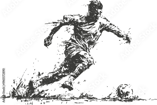 dynamic soccer player kicking ball, action sports silhouette sketch, football game movement and agility concept