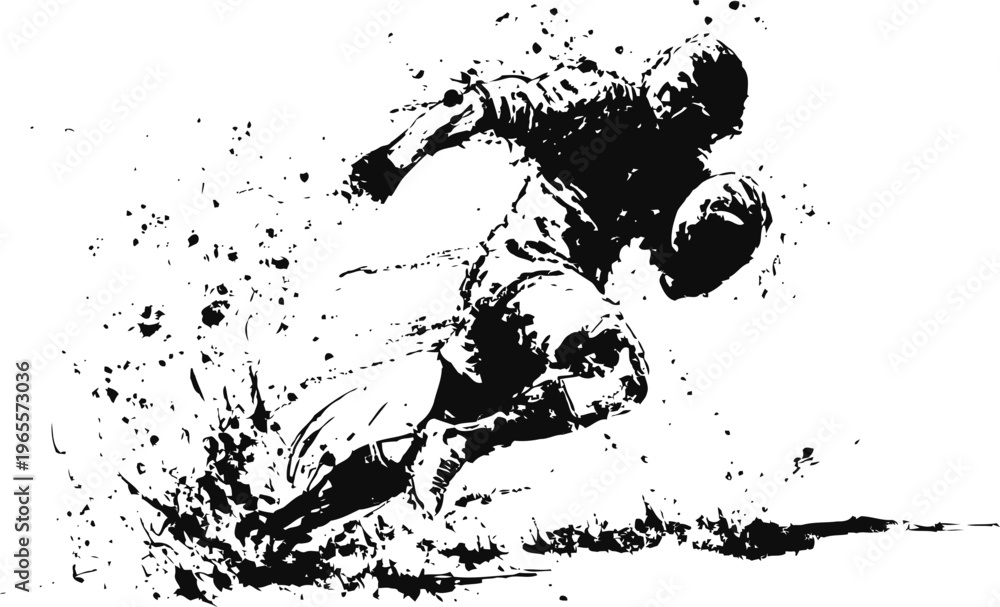 Obraz premium rugby player sprinting with ball, dynamic sports action black ink splash silhouette