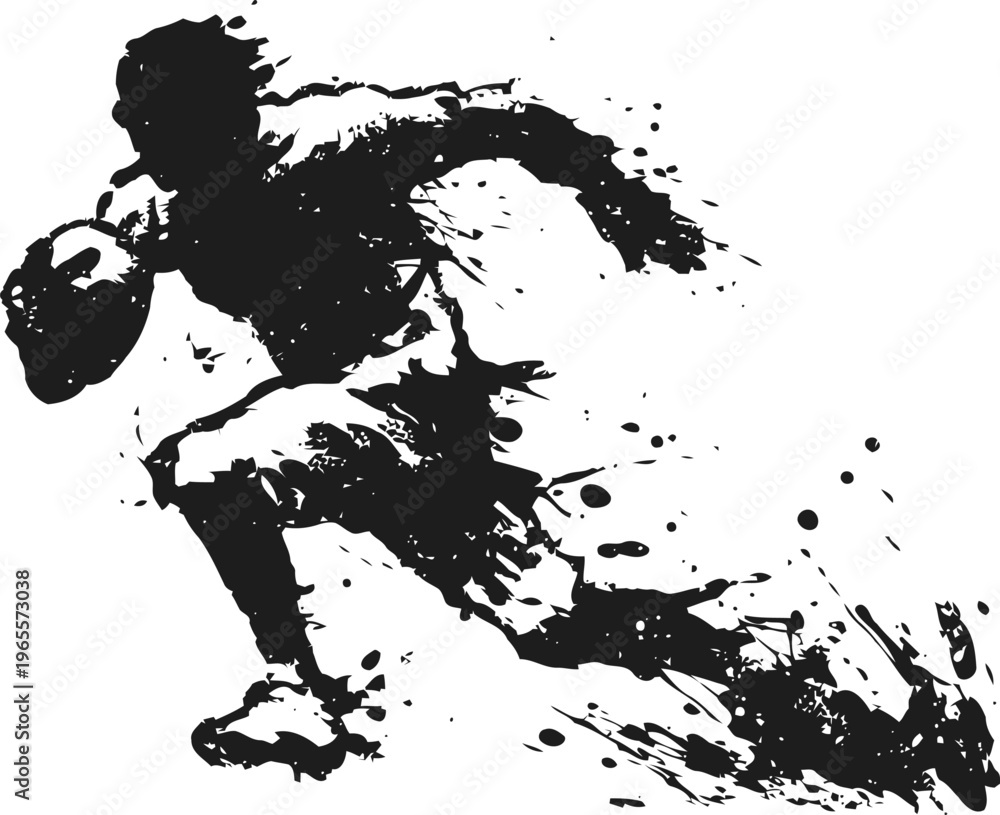Obraz premium Dynamic rugby player sprinting with ball, ink splatter silhouette, motion and energy artistic concept