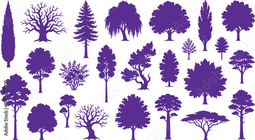 Diverse tree silhouettes vector collection, various purple foliage shapes, natural forest elements, botanical design assets for landscape and nature projects