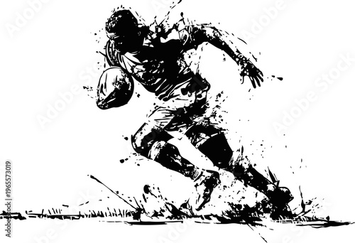 Dynamic rugby player sprinting forward with ball, abstract ink splatter sports illustration