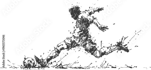 Dynamic soccer player kicking ball with splatter ink effect abstract sports illustration in black and white